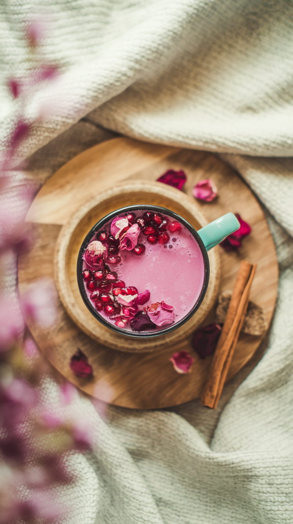 A cozy cup of moon milk with calming ingredients like ashwagandha, turmeric, and cinnamon, ideal for a restful night’s sleep. Perfect for your bedtime ritual.