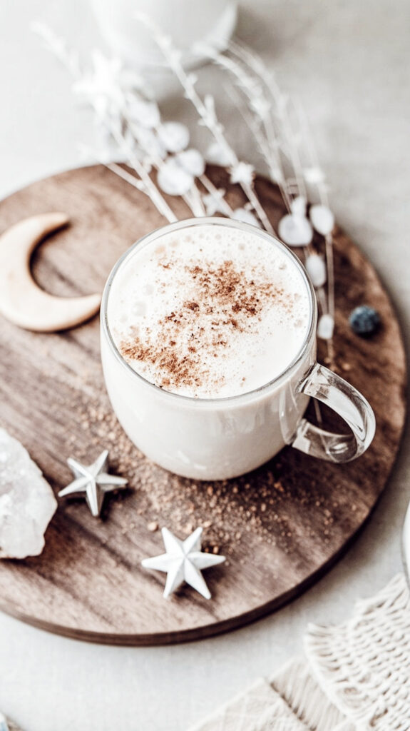 Adaptogenic moon milk for better sleep in a cozy glass mug, topped with frothy foam and dusted with cinnamon.