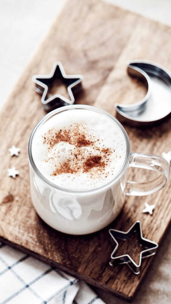 Adaptogenic moon milk for better sleep in a cozy glass mug, topped with frothy foam and dusted with cinnamon.