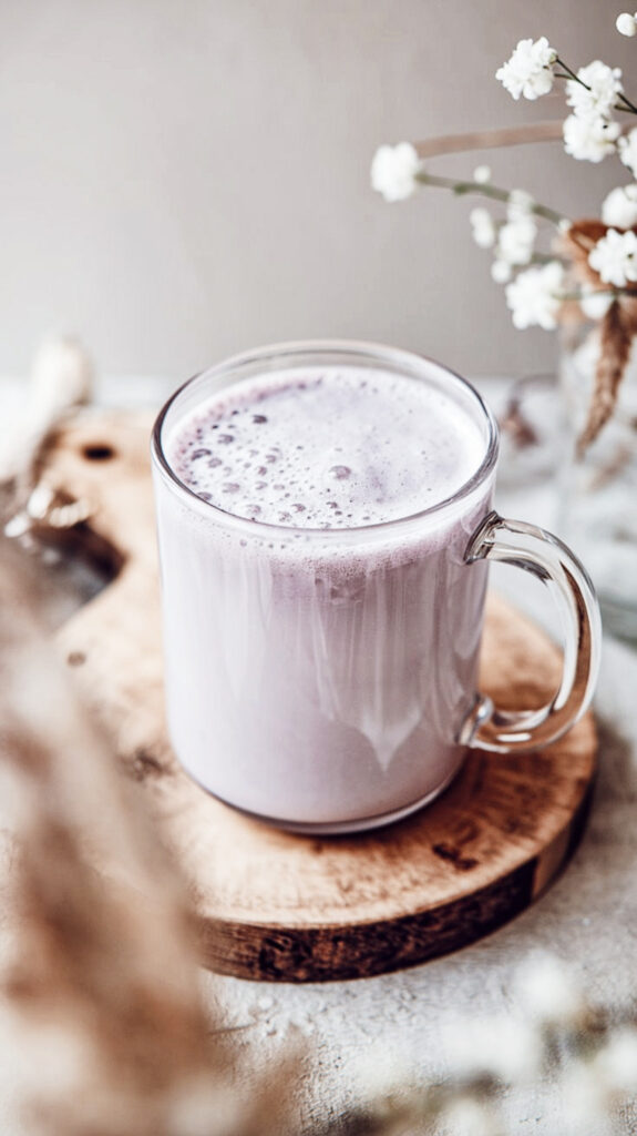 Adaptogenic purple moon milk for better sleep in a cozy glass mug, topped with frothy foam.