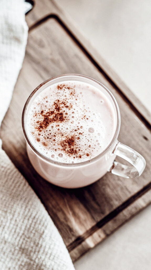 Adaptogenic moon milk for better sleep in a cozy glass mug, topped with frothy foam and dusted with cinnamon.