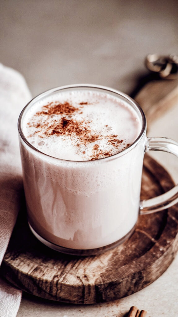 Adaptogenic moon milk for better sleep in a cozy glass mug, topped with frothy foam and dusted with cinnamon.
