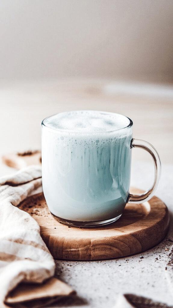 Adaptogenic blue moon milk for better sleep in a cozy glass mug, topped with frothy foam.