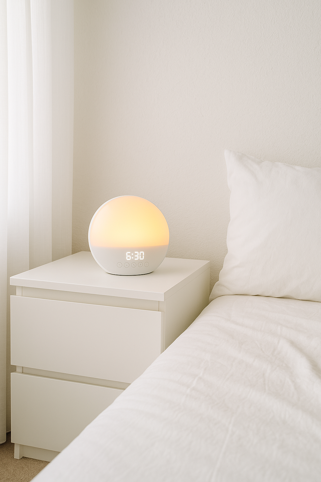 Bedside table featuring a sunrise alarm clock for better sleep.